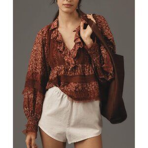 By Anthropologie Ruffled V-Neck Peasant Popover Blouse Red Floral Long Sleeve L